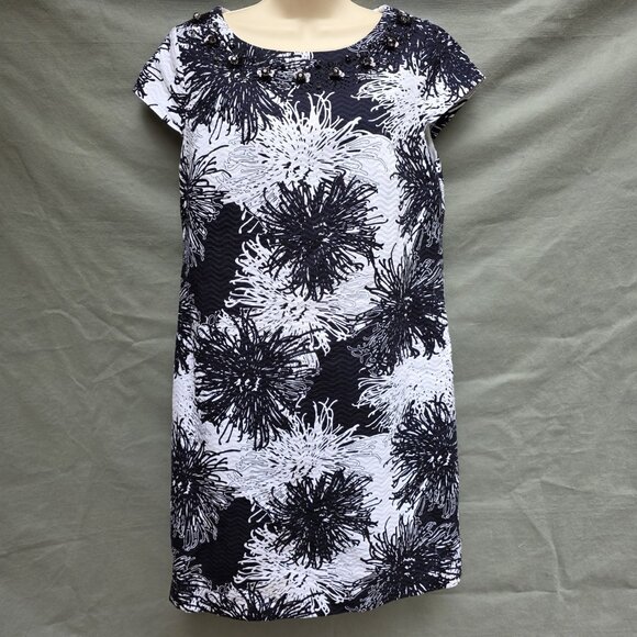 Talbots Sheath Dress Jeweled Neckline Size 10 Cotton Navy Blue White Business - Picture 1 of 6